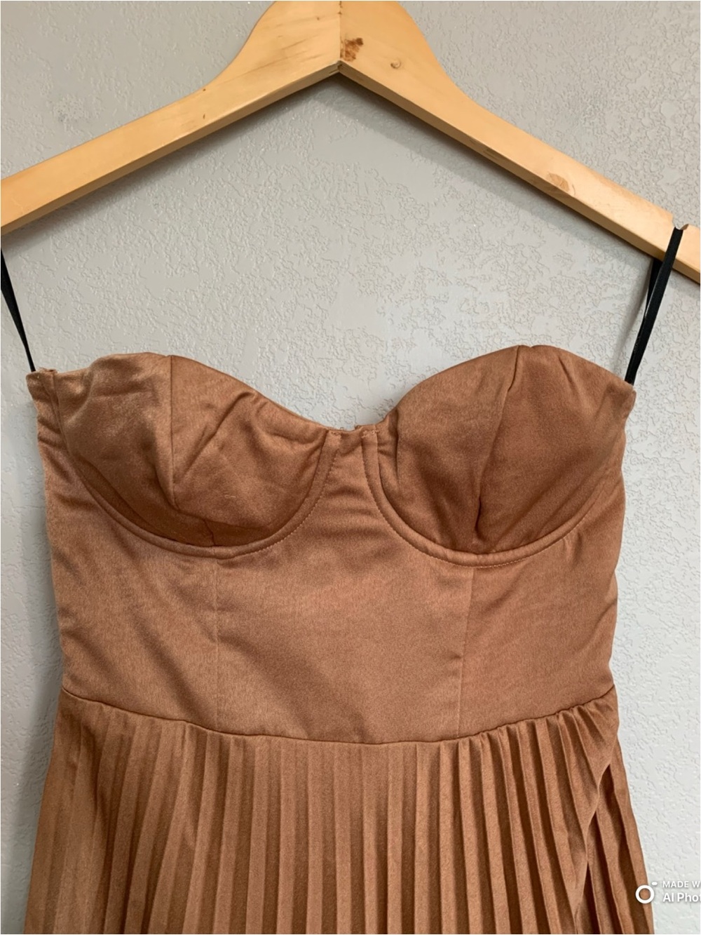 Lulu's Strapless Pleated Midi Dress in Chestnut Brown - Picture 3 of 15